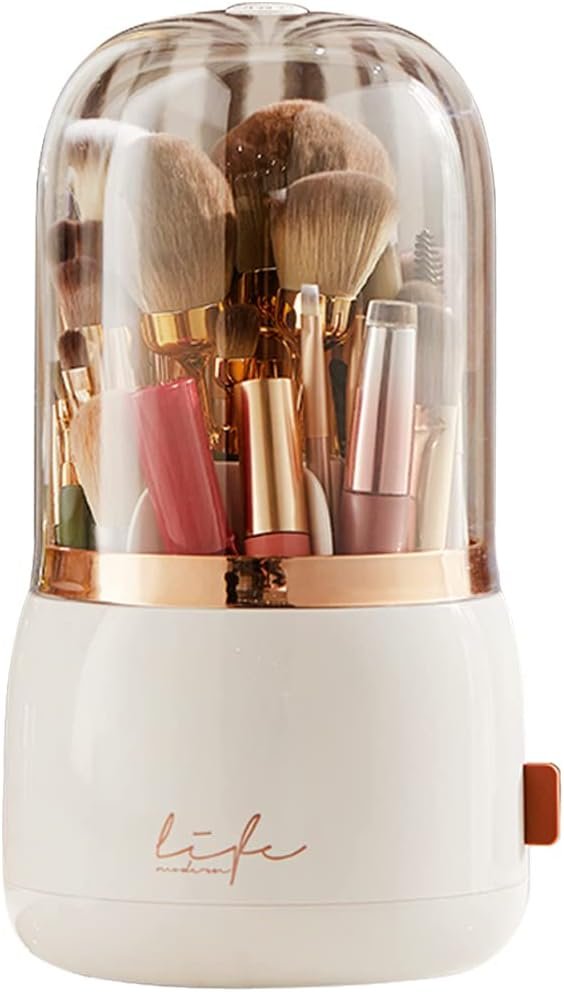 Makeup Organiser Brush Holder 360 Rotating with Dustproof Lid, Spinning Cosmetic Organizer Acrylic, Storage for Lipstick, Lip Gloss, Eyeliner, Bedroom, Bathroom (White)