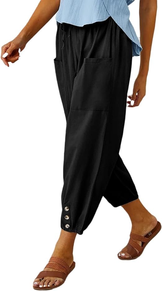 Women’s Casual Lantern Tapered Harem Pants Loose Fit Style Flax Ankle Trousers Summer Baggy Slacks with Pocket