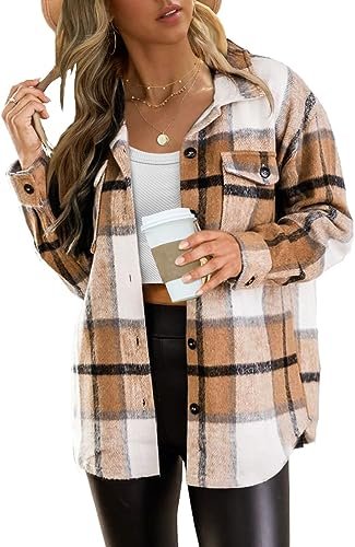 Womens Casual Plaid Shacket Button Down Long Sleeve Shirt