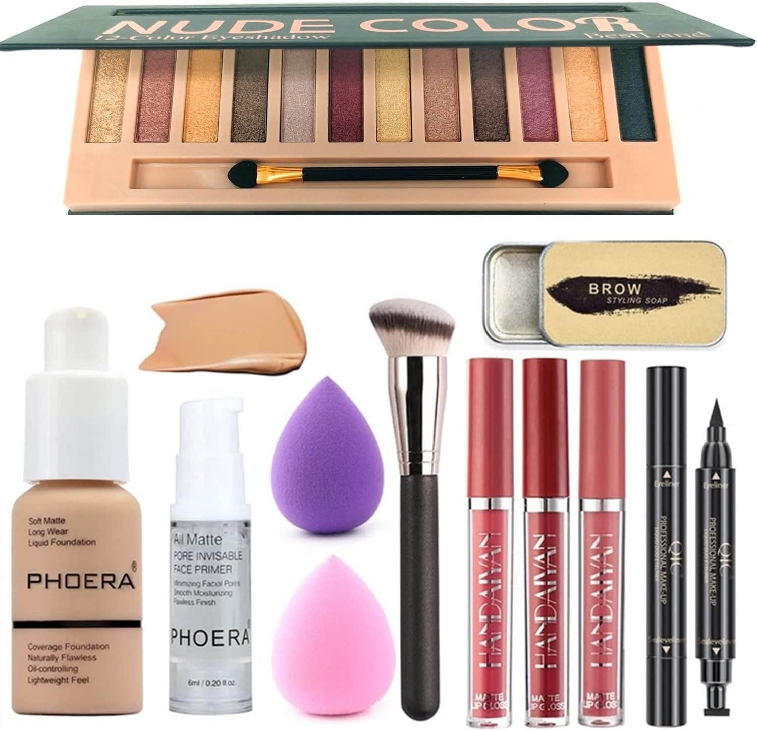 All in One Makeup Set 12 Colors Eyeshadow Palette Matte Foundation Face Primer, 3 Liquid Lipstick, Eyebrow Soap, Winged Eyeliner Stamp, Brush, Sponge, (Set B)