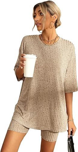 Women’s 2 Piece Outfits Ribbed Short Sleeve Drop Shoulder Tee And Shorts Set