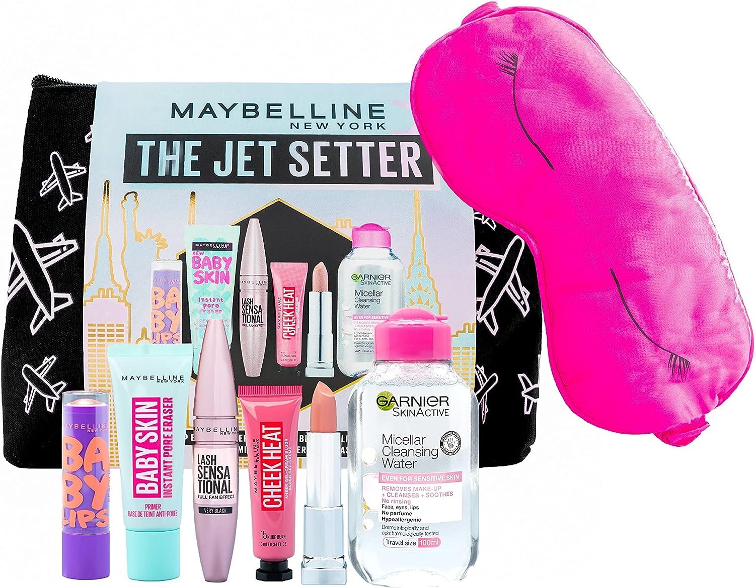Maybelline 6x piece Makeup Kit ‘Jet Setter’, Primer, Mascara, Lipstick, Lip Balm, Liquid Blush & Micellar Water Set, Travel Kit, For Cosmetic Lovers! Dimensions: (LxWxH): 190x55x140cm
